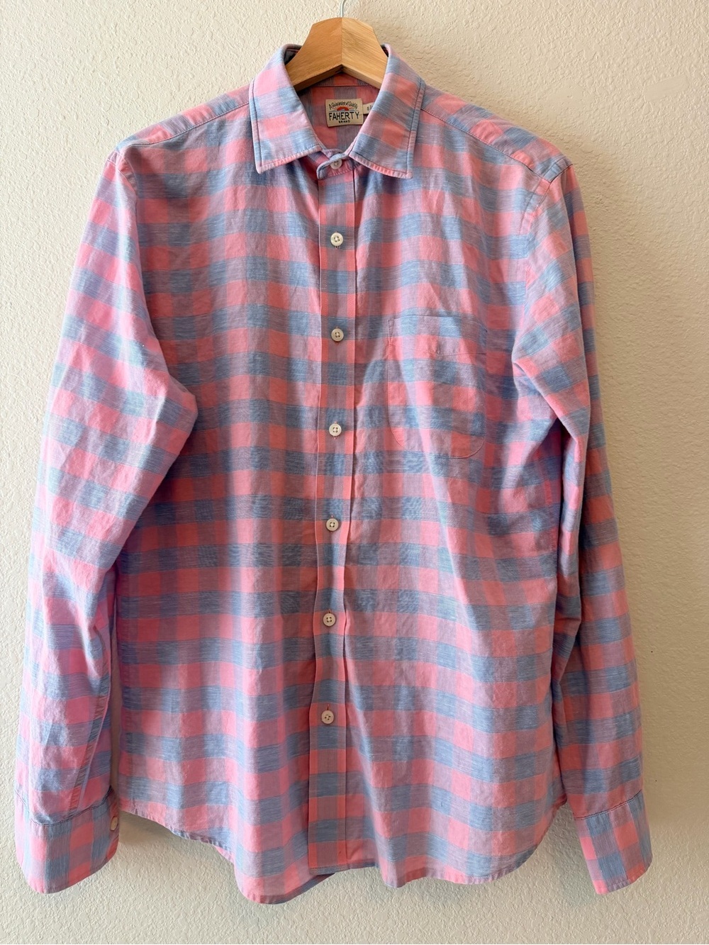 Faherty Men’s Small Pink Blue Check Cotton Linen Button Down Shirt